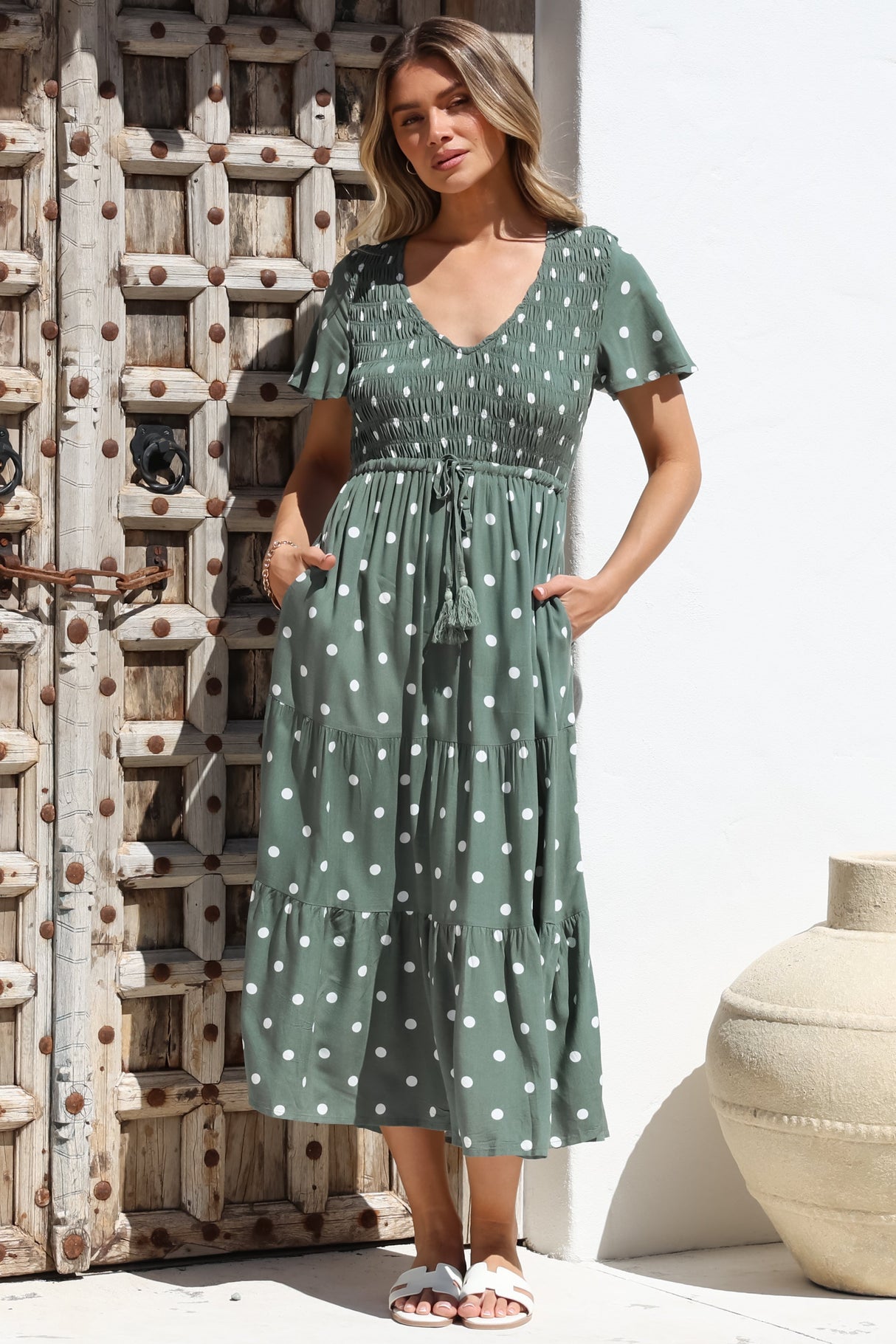 Amaya Midi Dress - Shirred Cap Sleeve A Line Dress in Parisian Polka Khaki