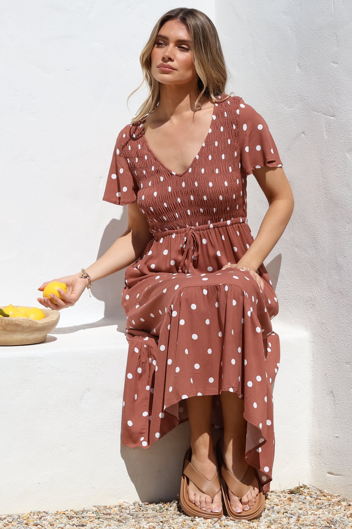 Amaya Midi Dress - Shirred Cap Sleeve A Line Dress in Parisian Polka Rust