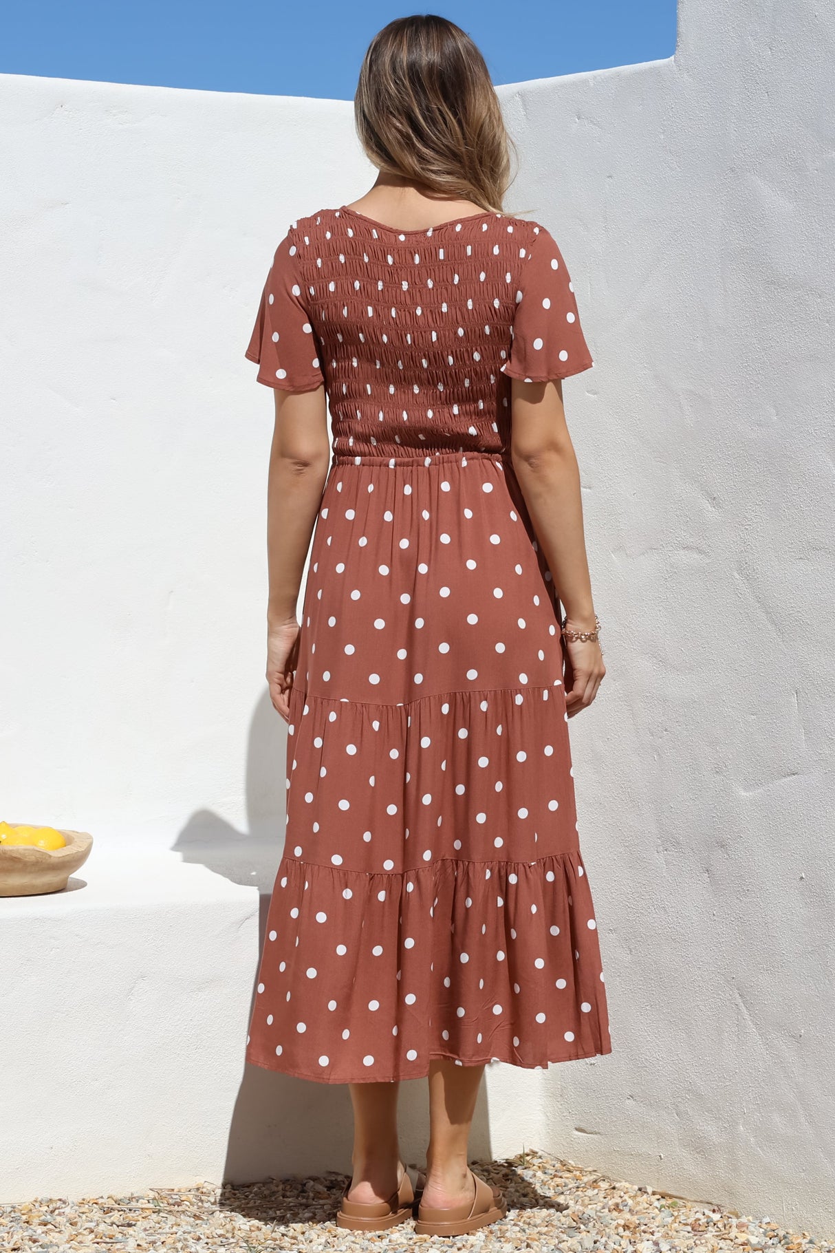 Amaya Midi Dress - Shirred Cap Sleeve A Line Dress in Parisian Polka Rust