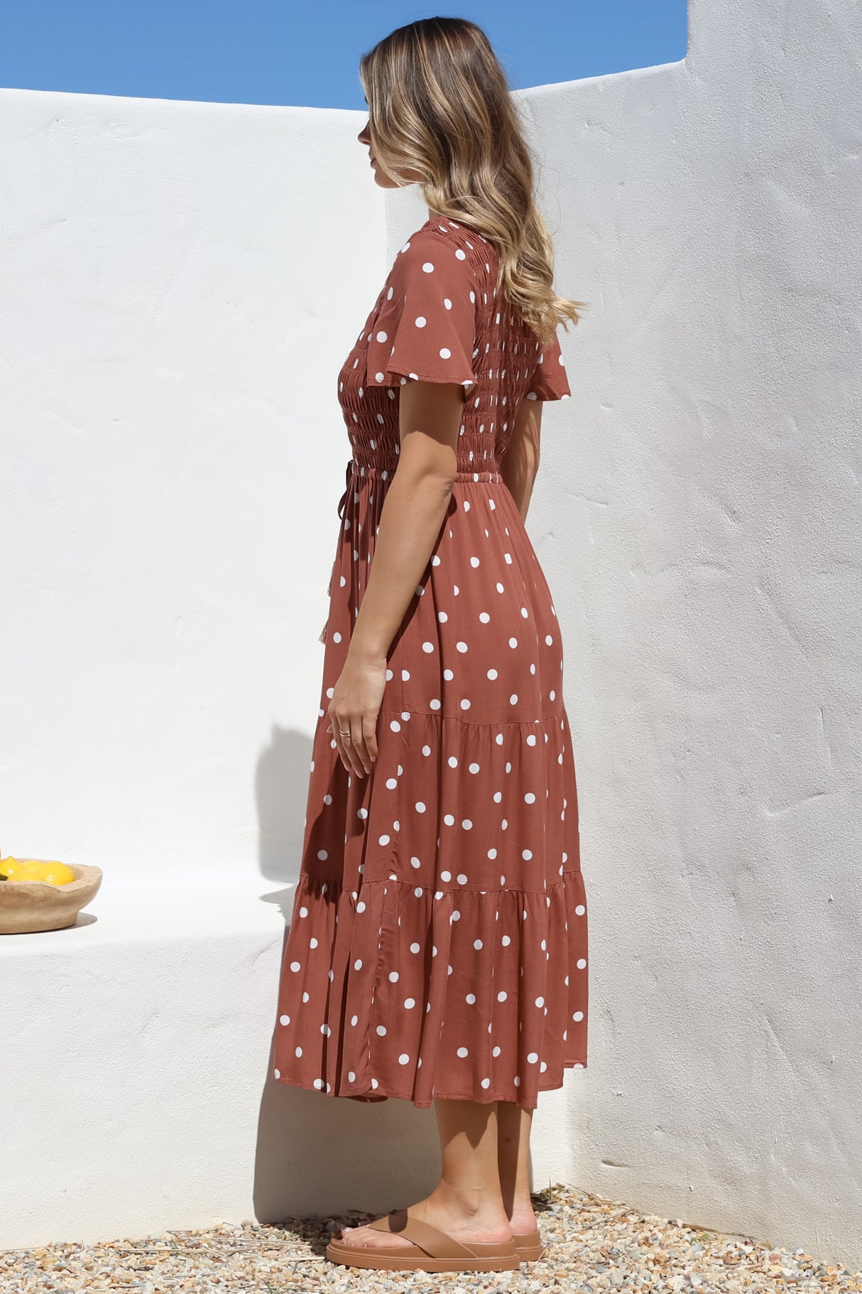 Amaya Midi Dress - Shirred Cap Sleeve A Line Dress in Parisian Polka Rust
