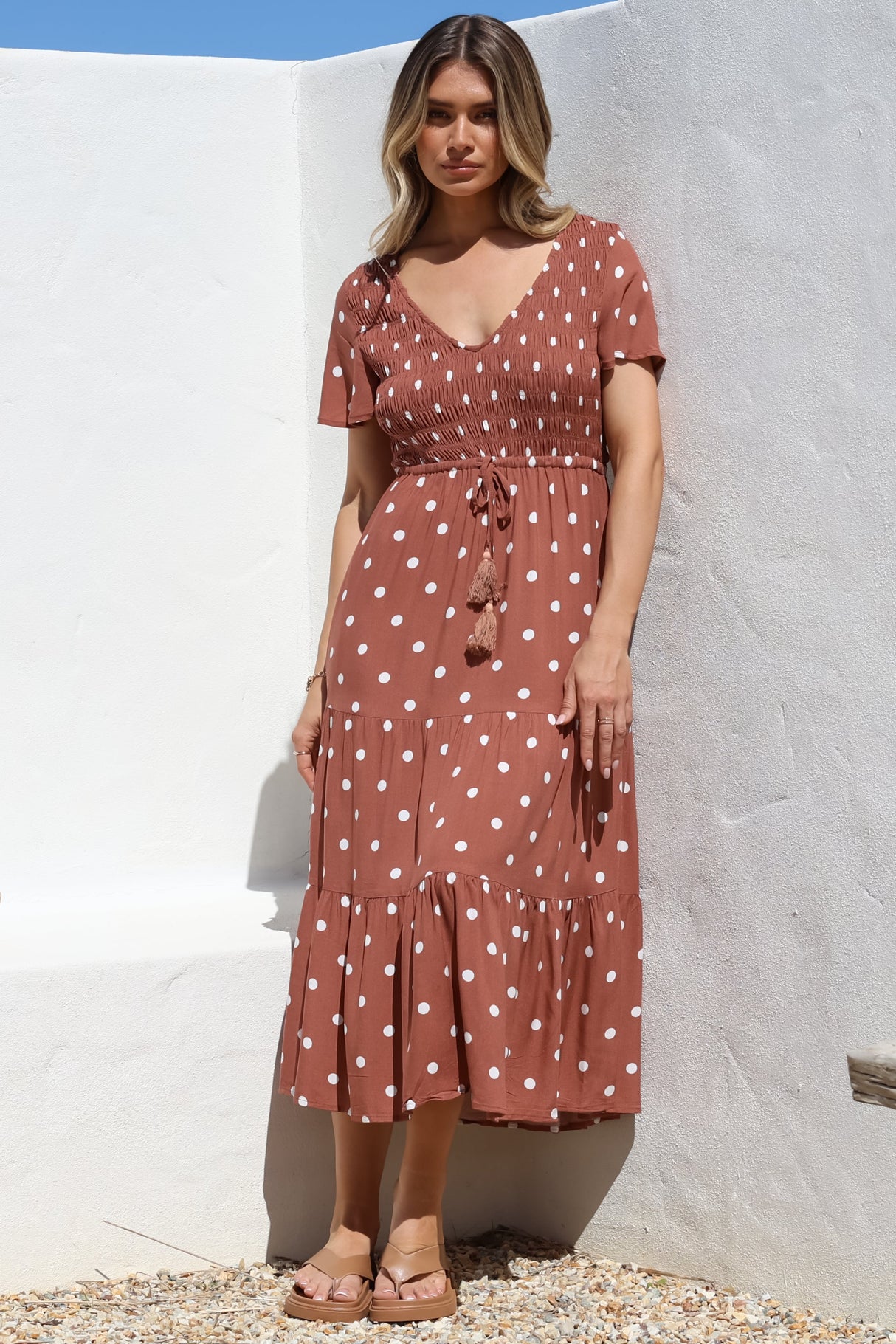 Amaya Midi Dress - Shirred Cap Sleeve A Line Dress in Parisian Polka Rust