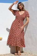 Amaya Midi Dress - Shirred Cap Sleeve A Line Dress in Parisian Polka Rust