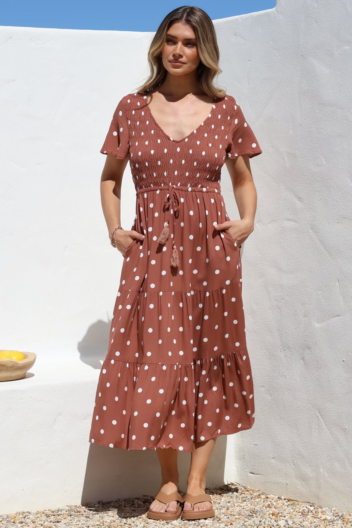 Amaya Midi Dress - Shirred Cap Sleeve A Line Dress in Parisian Polka Rust