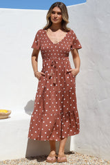 Amaya Midi Dress - Shirred Cap Sleeve A Line Dress in Parisian Polka Rust