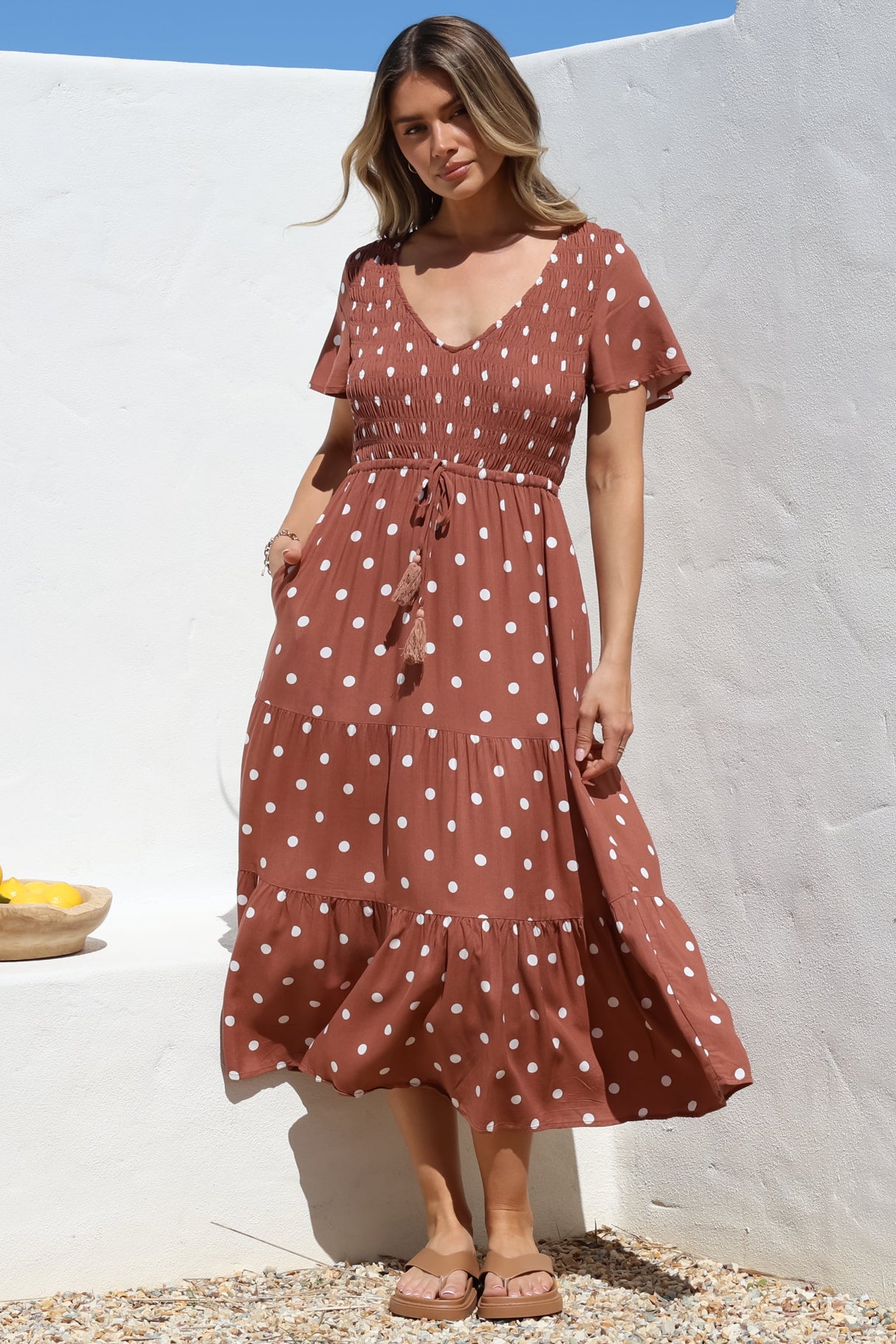 Amaya Midi Dress - Shirred Cap Sleeve A Line Dress in Parisian Polka Rust