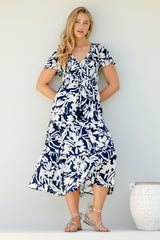 Amaya Midi Dress - Shirred Cap Sleeve A Line Dress in Charis Print Blue