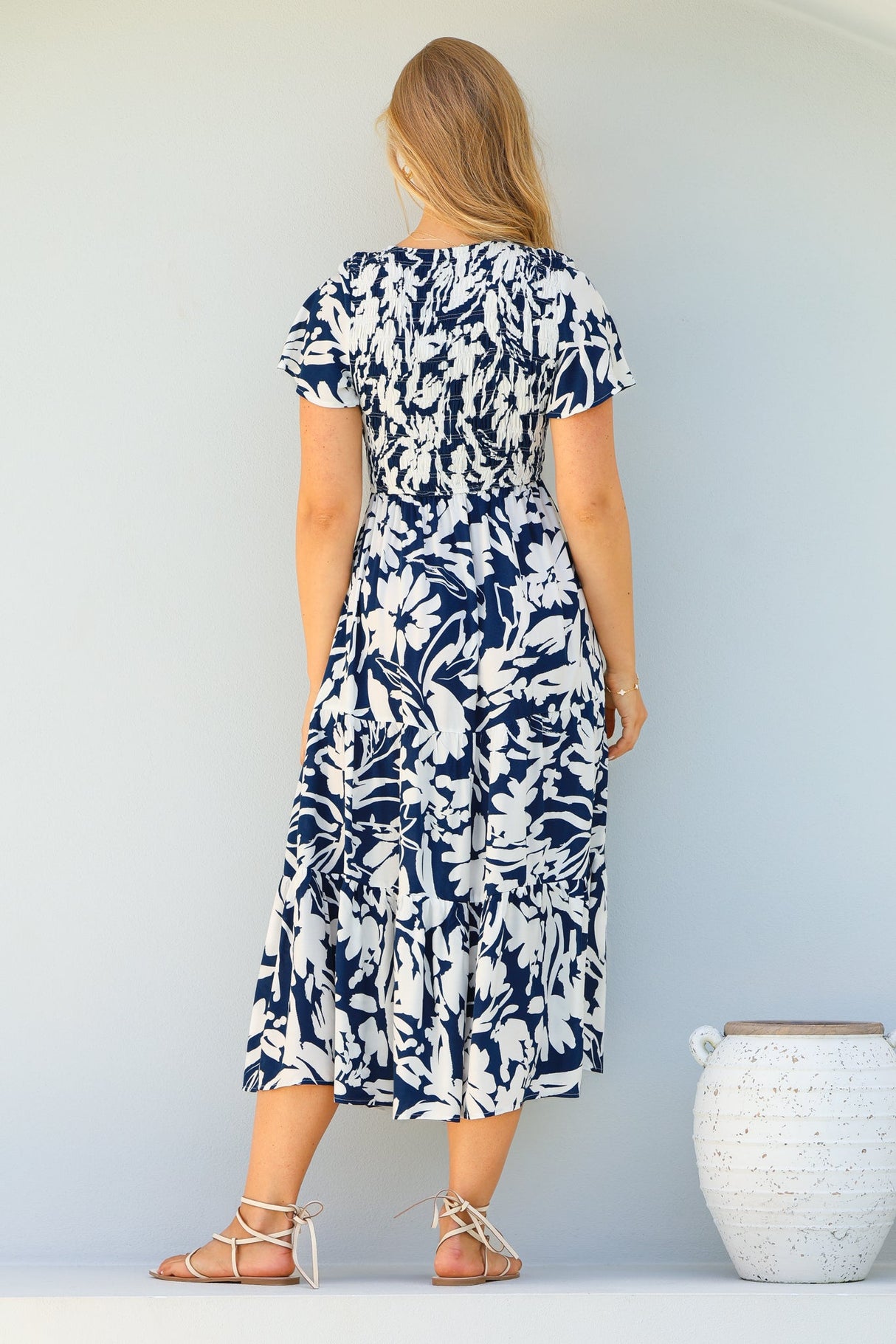 Amaya Midi Dress - Shirred Cap Sleeve A Line Dress in Charis Print Blue