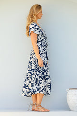 Amaya Midi Dress - Shirred Cap Sleeve A Line Dress in Charis Print Blue