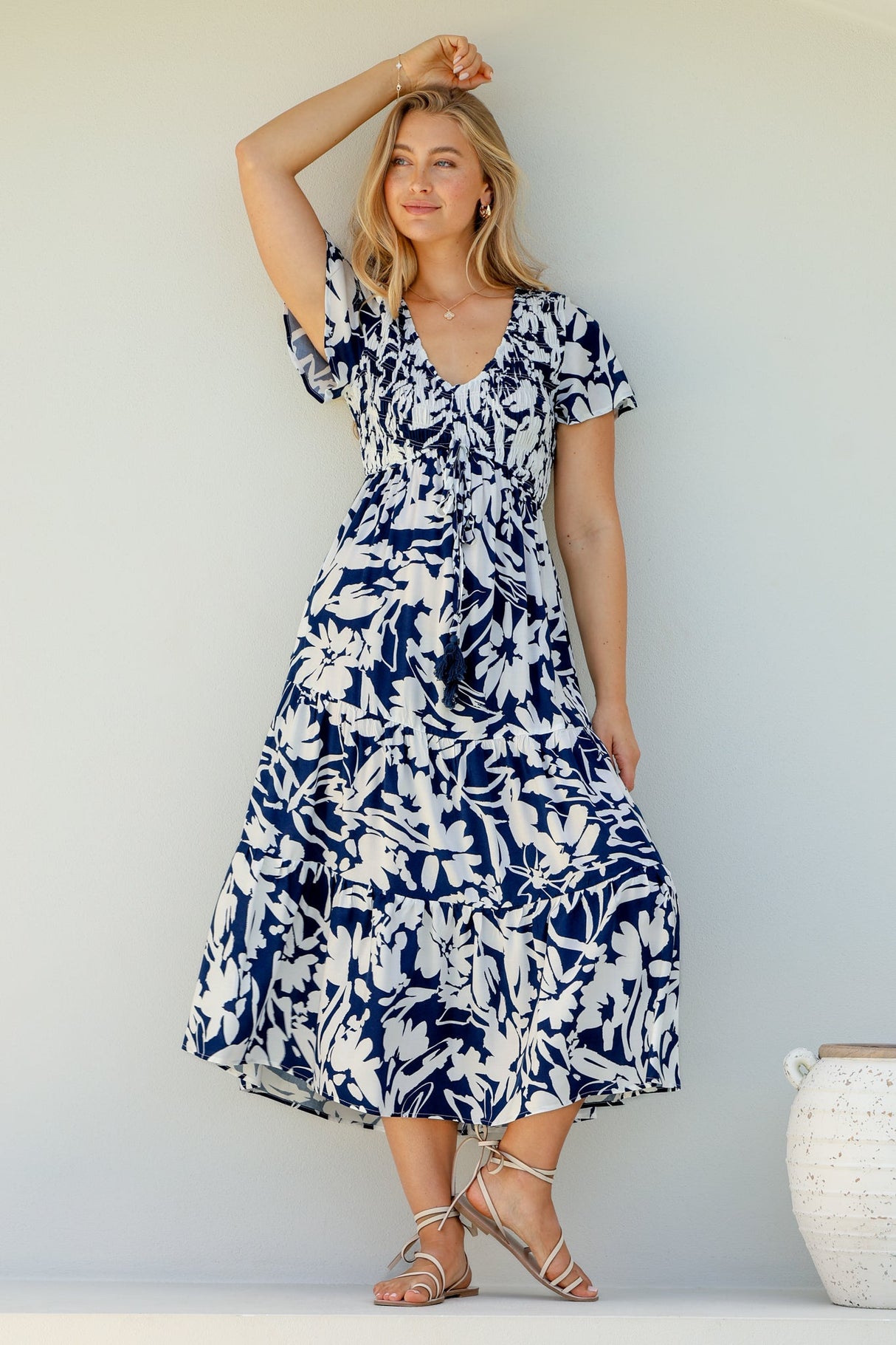 Amaya Midi Dress - Shirred Cap Sleeve A Line Dress in Charis Print Blue