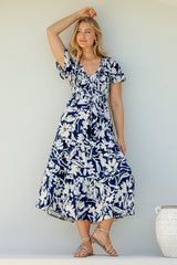 Amaya Midi Dress - Shirred Cap Sleeve A Line Dress in Charis Print Blue