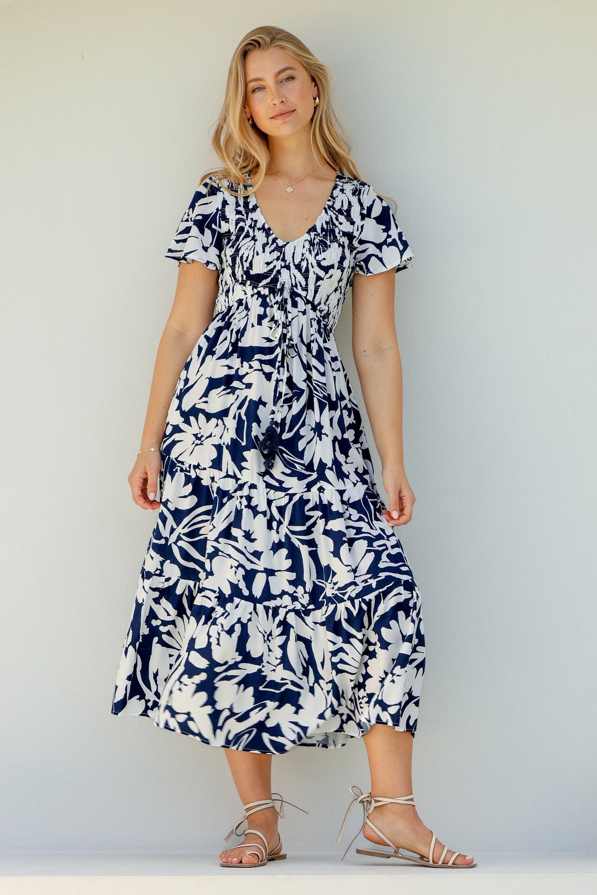 Amaya Midi Dress - Shirred Cap Sleeve A Line Dress in Charis Print Blue