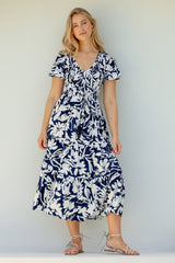 Amaya Midi Dress - Shirred Cap Sleeve A Line Dress in Charis Print Blue