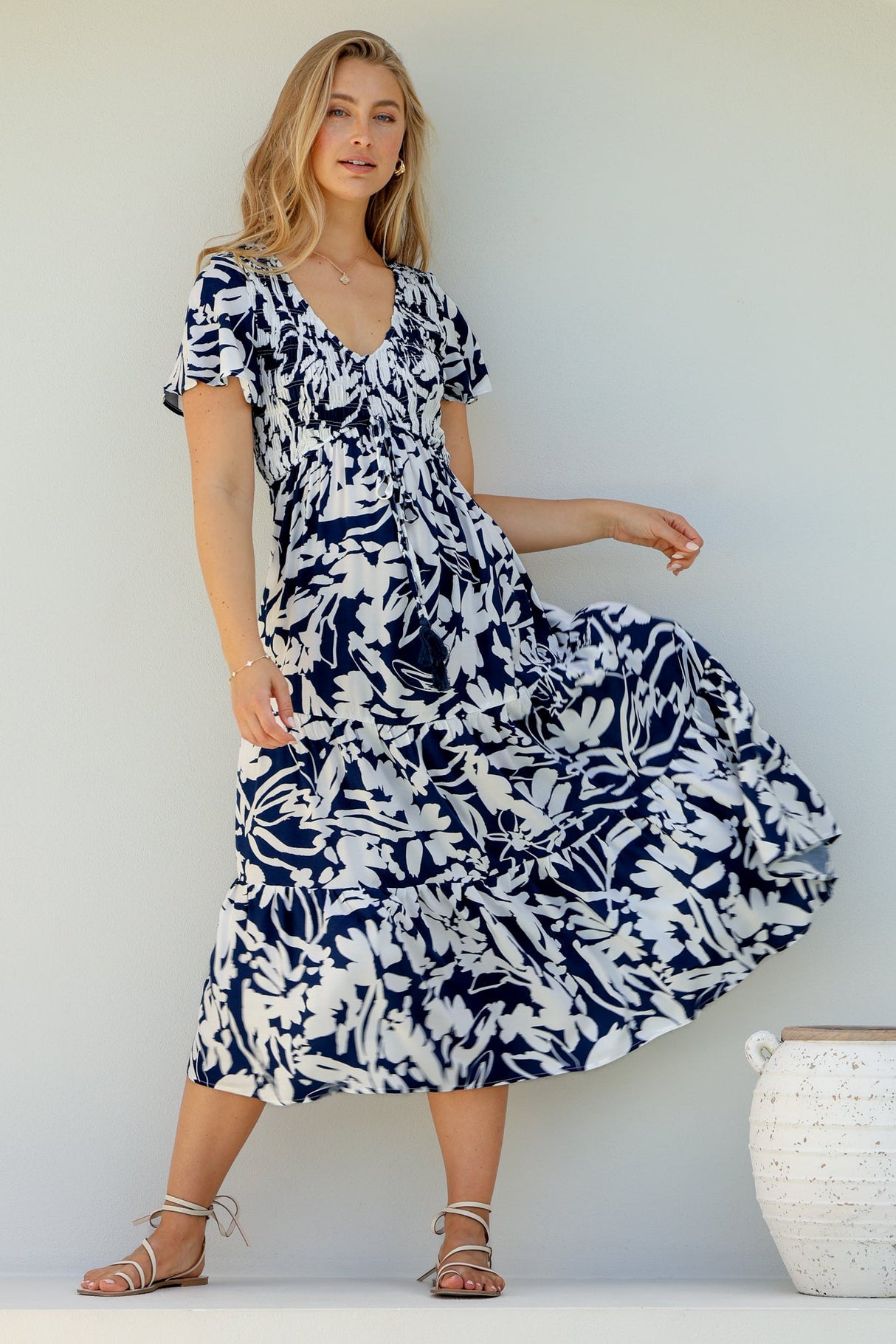 Amaya Midi Dress - Shirred Cap Sleeve A Line Dress in Charis Print Blue