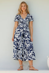 Amaya Midi Dress - Shirred Cap Sleeve A Line Dress in Charis Print Blue