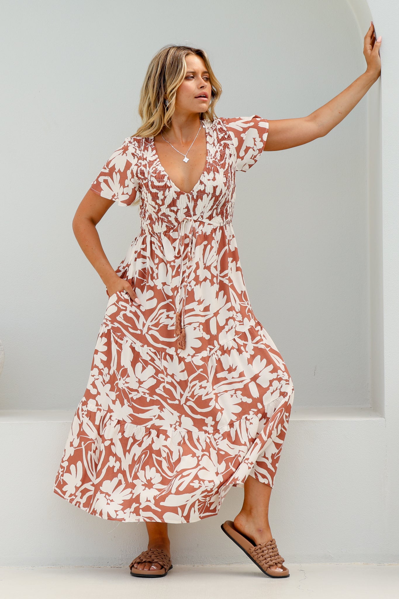 Amaya Midi Dress - Shirred Cap Sleeve A Line Dress in Charis Print Rust