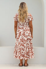 Amaya Midi Dress - Shirred Cap Sleeve A Line Dress in Charis Print Rust