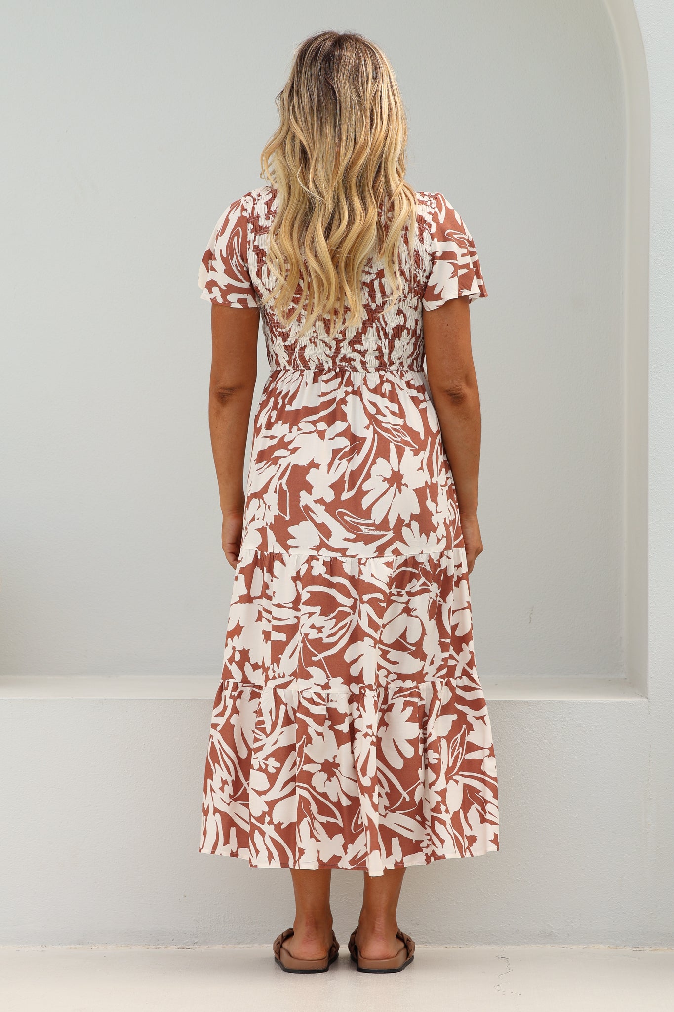 Amaya Midi Dress - Shirred Cap Sleeve A Line Dress in Charis Print Rust