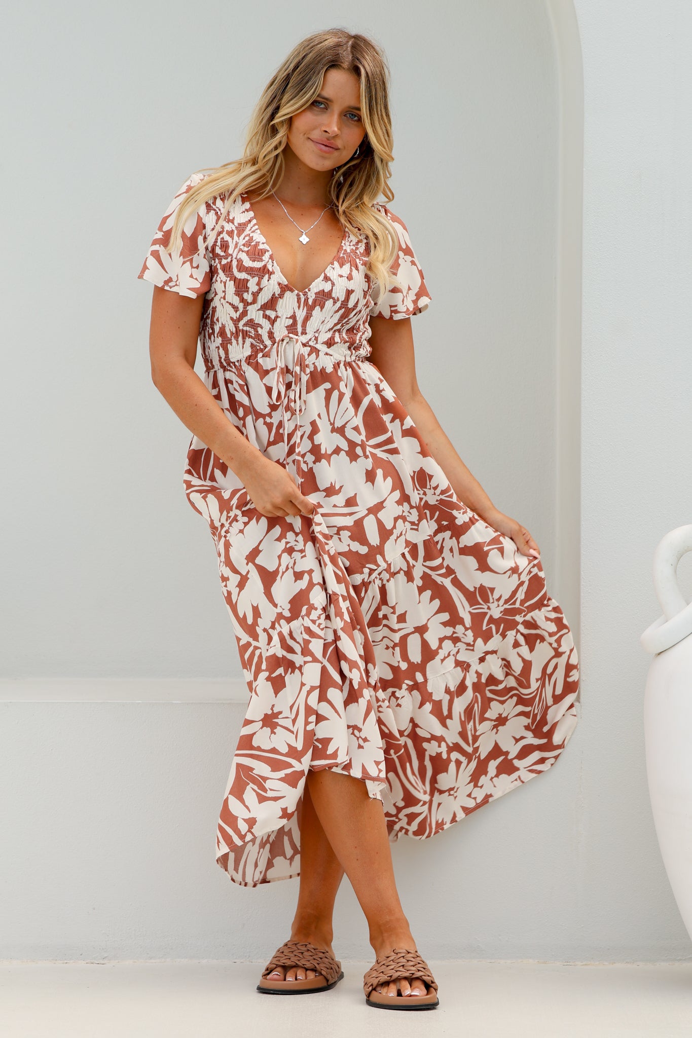 Amaya Midi Dress - Shirred Cap Sleeve A Line Dress in Charis Print Rust