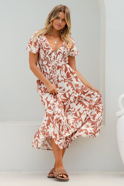 Amaya Midi Dress - Shirred Cap Sleeve A Line Dress in Charis Print Rust