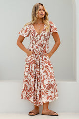 Amaya Midi Dress - Shirred Cap Sleeve A Line Dress in Charis Print Rust