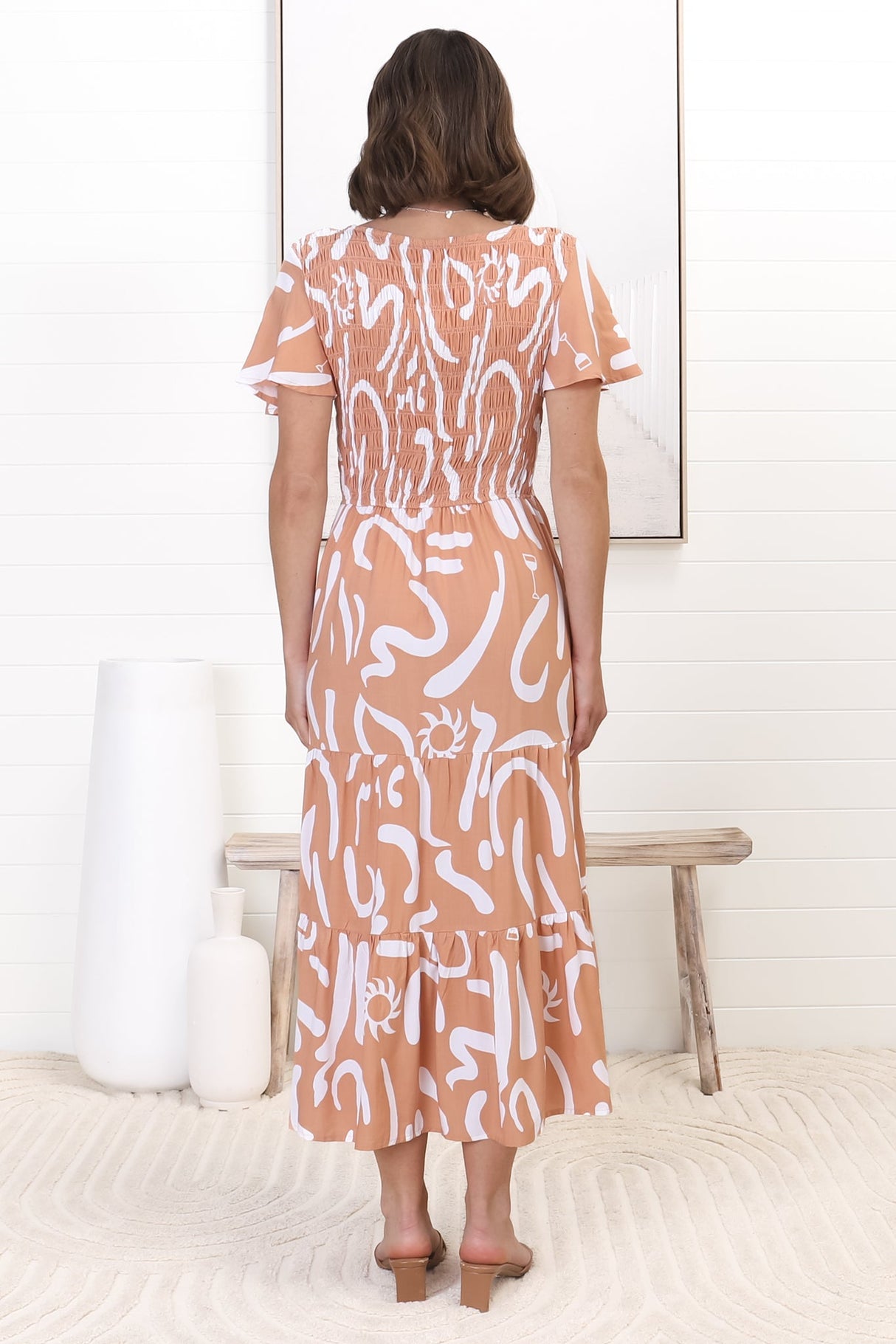 Amaya Midi Dress - Shirred Cap Sleeve A Line Dress in Daley Print Beige