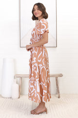 Amaya Midi Dress - Shirred Cap Sleeve A Line Dress in Daley Print Beige