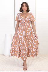 Amaya Midi Dress - Shirred Cap Sleeve A Line Dress in Daley Print Beige