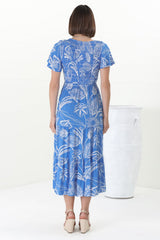 Amaya Midi Dress - Shirred Cap Sleeve A Line Dress in Havanna Print Blue