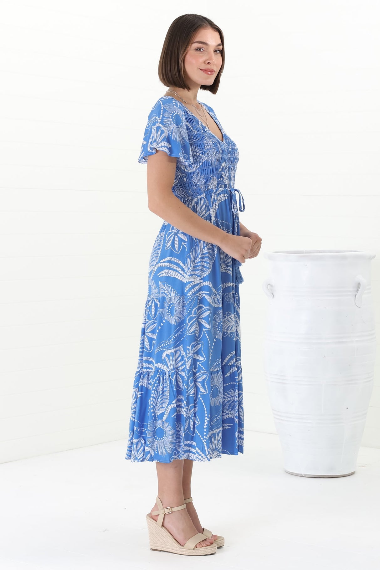 Amaya Midi Dress - Shirred Cap Sleeve A Line Dress in Havanna Print Blue