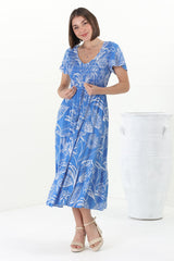 Amaya Midi Dress - Shirred Cap Sleeve A Line Dress in Havanna Print Blue