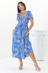 Amaya Midi Dress - Shirred Cap Sleeve A Line Dress in Havanna Print Blue