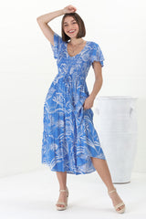 Amaya Midi Dress - Shirred Cap Sleeve A Line Dress in Havanna Print Blue