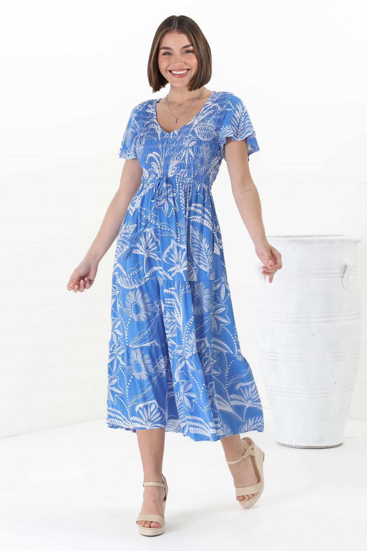 Amaya Midi Dress - Shirred Cap Sleeve A Line Dress in Havanna Print Blue