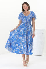 Amaya Midi Dress - Shirred Cap Sleeve A Line Dress in Havanna Print Blue