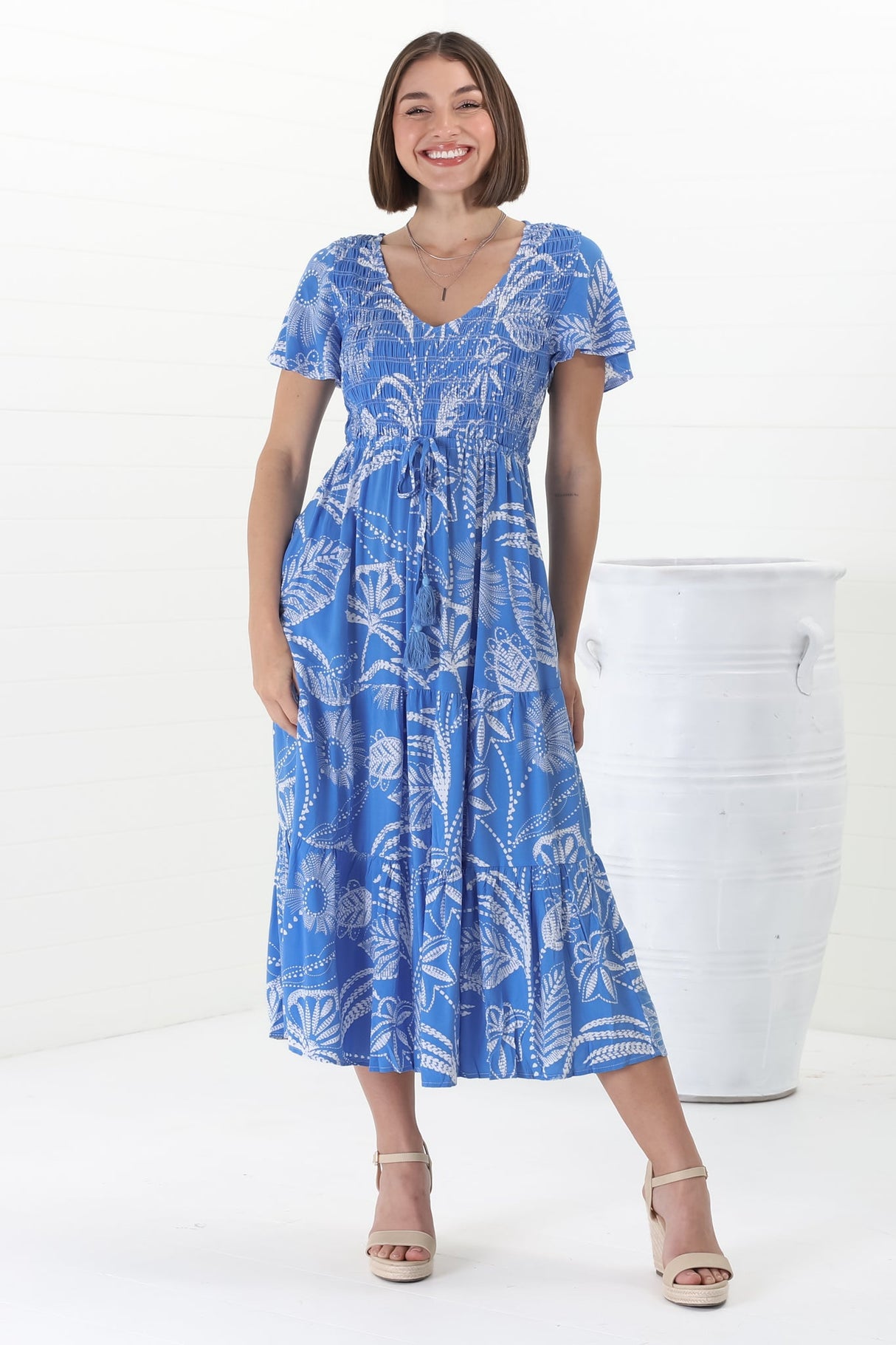 Amaya Midi Dress - Shirred Cap Sleeve A Line Dress in Havanna Print Blue