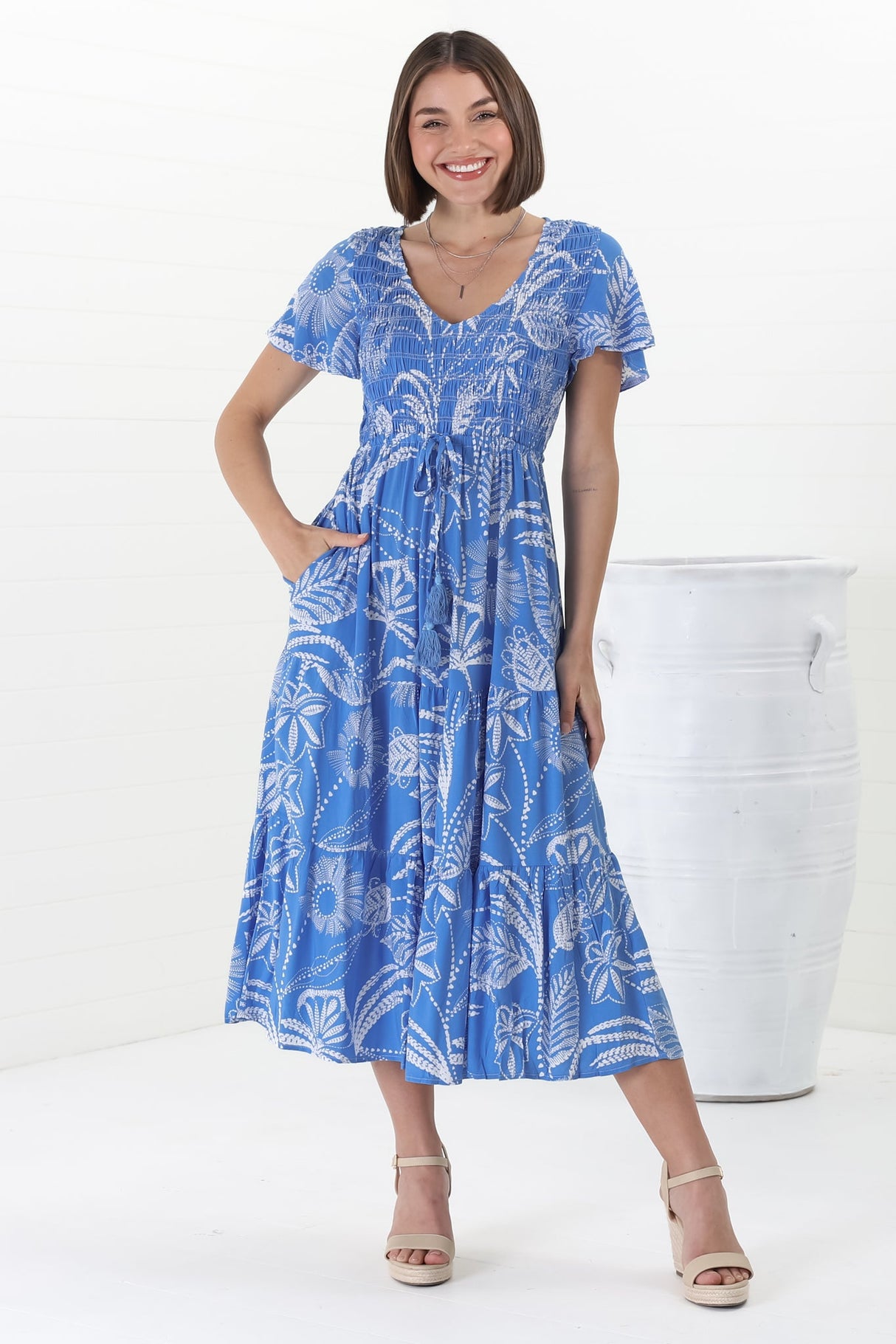 Amaya Midi Dress - Shirred Cap Sleeve A Line Dress in Havanna Print Blue