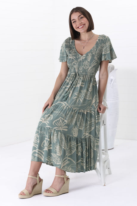 Amaya Midi Dress - Shirred Cap Sleeve A Line Dress in Havanna Print Green