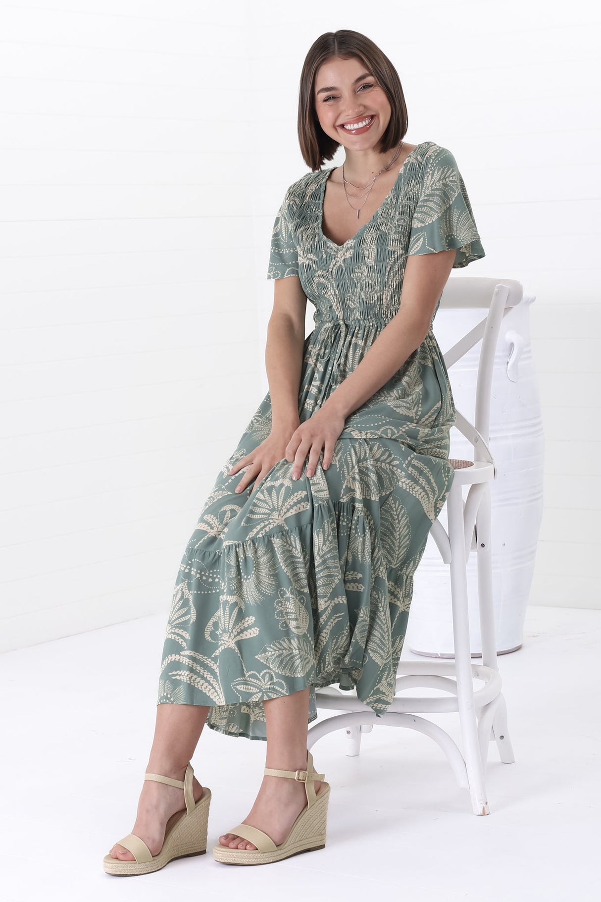 Amaya Midi Dress - Shirred Cap Sleeve A Line Dress in Havanna Print Green