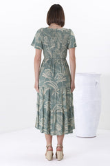 Amaya Midi Dress - Shirred Cap Sleeve A Line Dress in Havanna Print Green