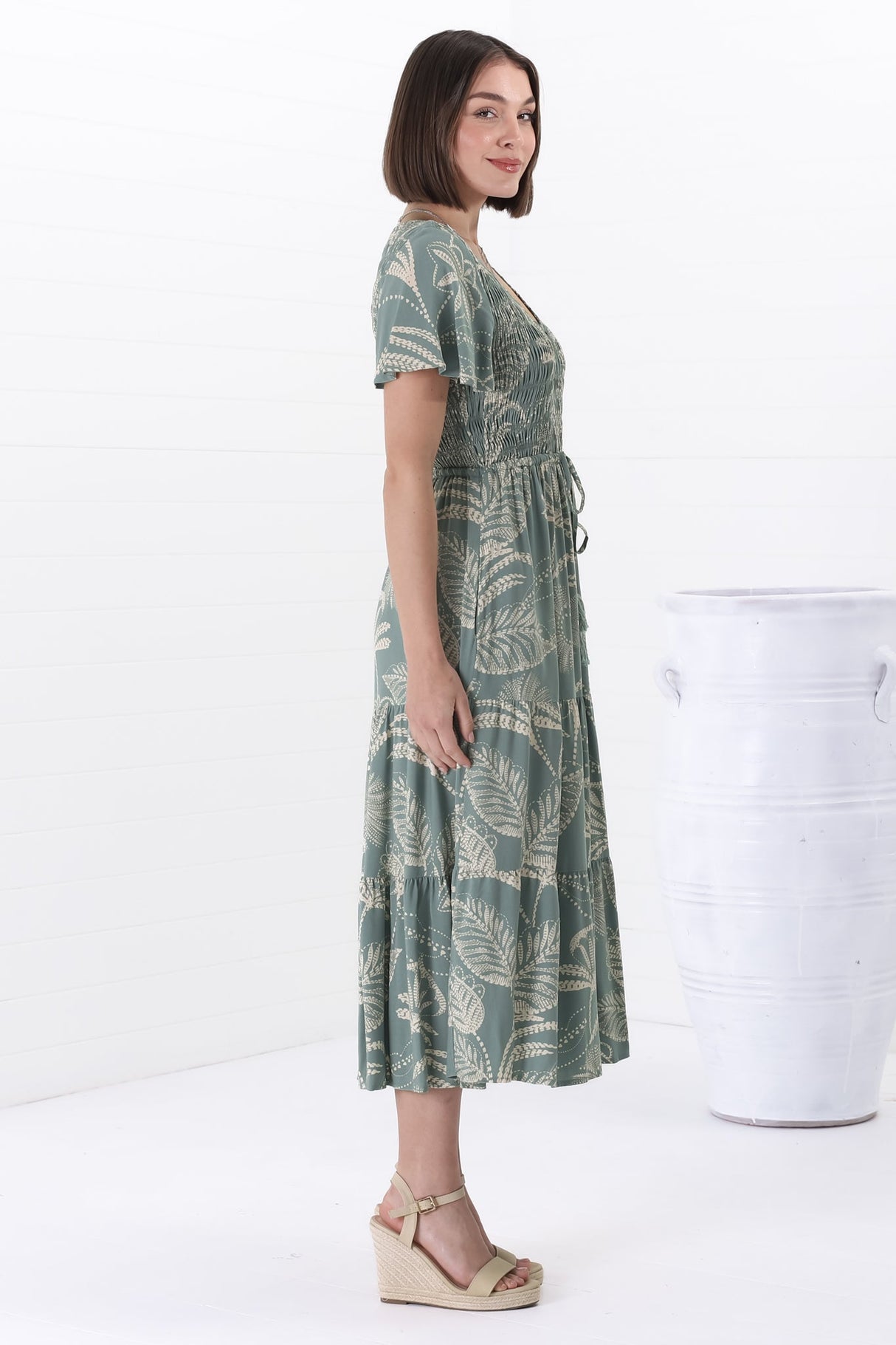 Amaya Midi Dress - Shirred Cap Sleeve A Line Dress in Havanna Print Green