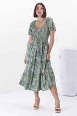 Amaya Midi Dress - Shirred Cap Sleeve A Line Dress in Havanna Print Green