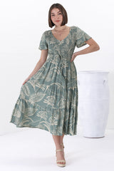 Amaya Midi Dress - Shirred Cap Sleeve A Line Dress in Havanna Print Green