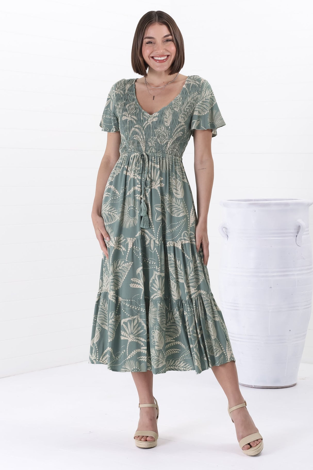 Amaya Midi Dress - Shirred Cap Sleeve A Line Dress in Havanna Print Green