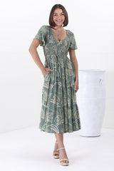 Amaya Midi Dress - Shirred Cap Sleeve A Line Dress in Havanna Print Green