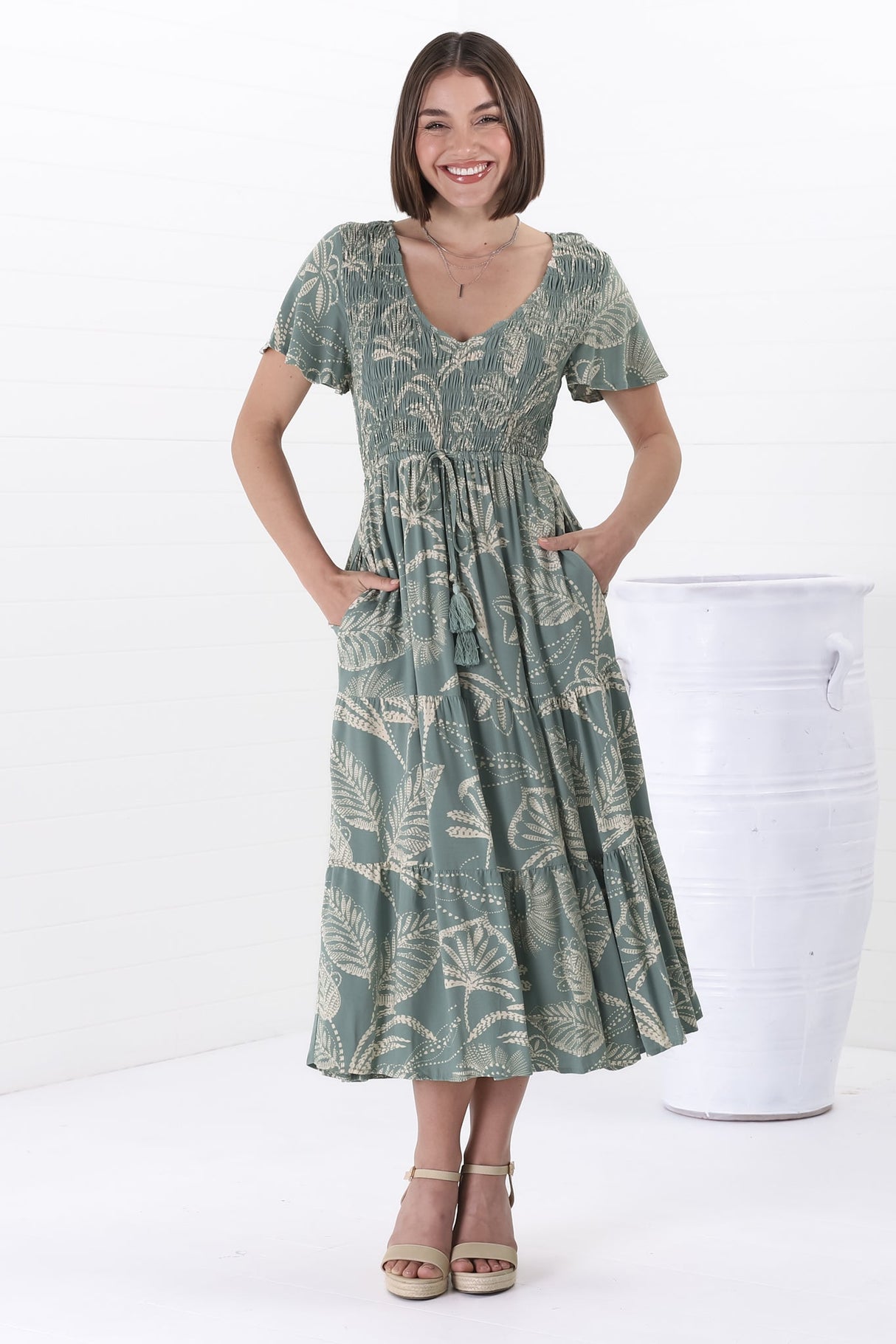 Amaya Midi Dress - Shirred Cap Sleeve A Line Dress in Havanna Print Green