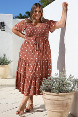 Amaya Midi Dress - Shirred Cap Sleeve A Line Dress in Parisian Polka Rust