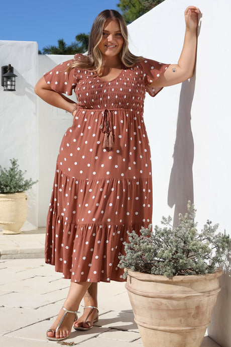 Amaya Midi Dress - Shirred Cap Sleeve A Line Dress in Parisian Polka Rust