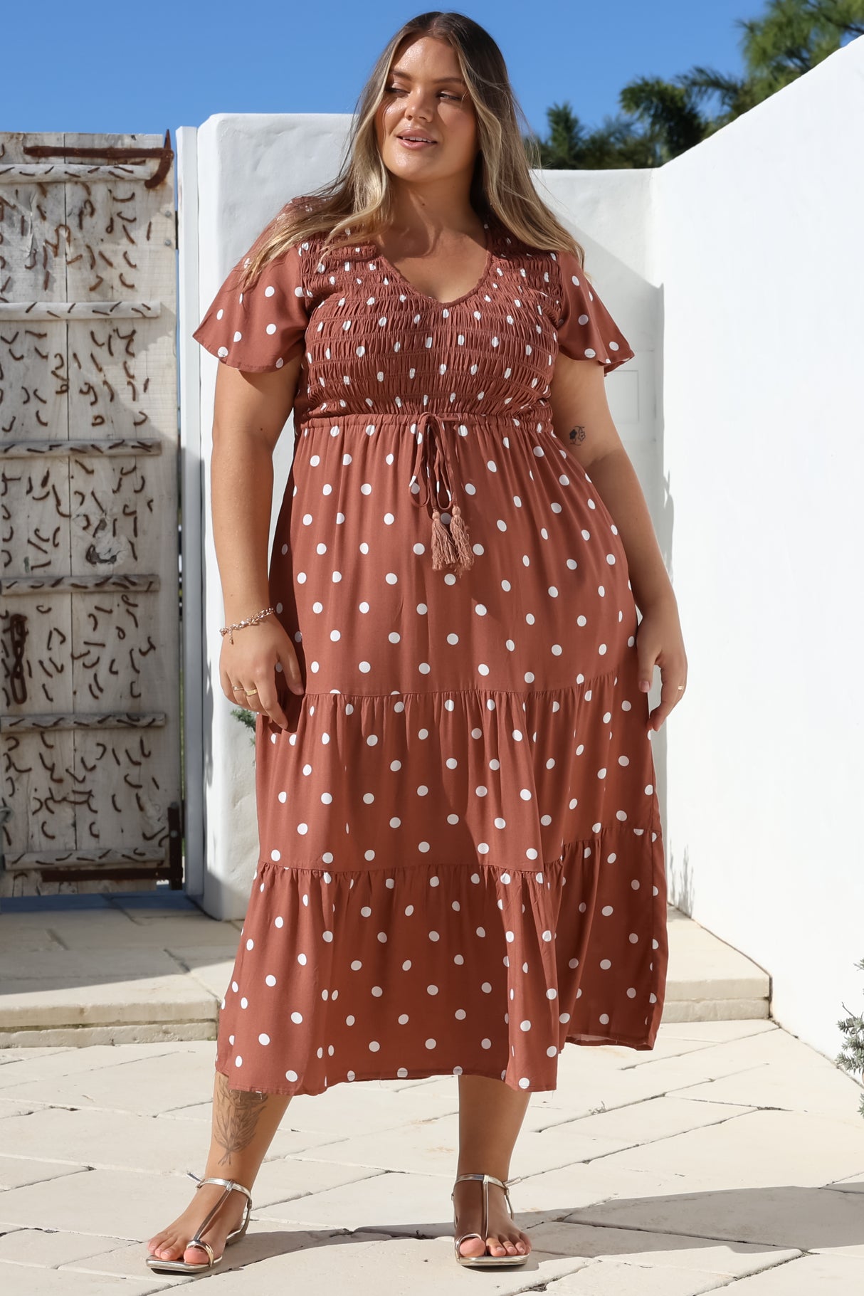 Amaya Midi Dress - Shirred Cap Sleeve A Line Dress in Parisian Polka Rust