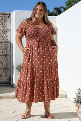 Amaya Midi Dress - Shirred Cap Sleeve A Line Dress in Parisian Polka Rust