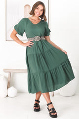 Ame Midi Dress - V Neck Frill Sleeve Tiered Dress in Emerald